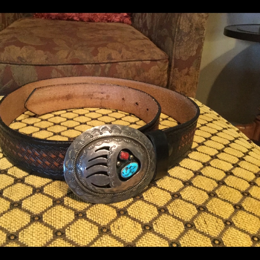 Navajo Sterling Silver Signed Buckle Leather Belt